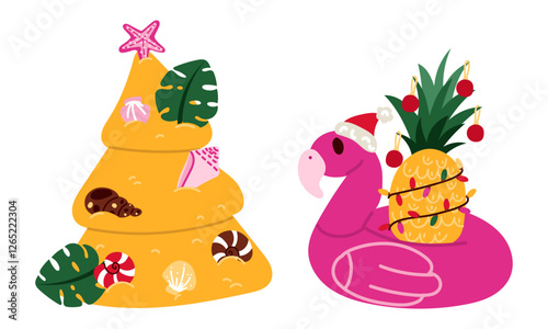 set of Christmas tree made of sand and an inflatable flamingo with a pineapple. All are decorated with tropical decorations with Christmas motifs. On a white. Merry Christmas in the tropics. greeting