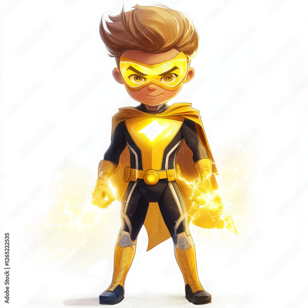 Brave superhero kid stands strong in his golden suit, sparks flying Brave superhero kid stands strong in his golden suit, sparks flying
