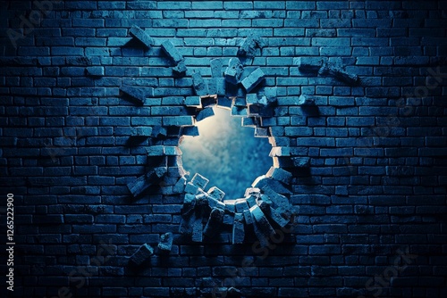 A broken brick wall with an opening in the center, representing breaking through environmental illusions and physical obstacles. The background is dark blue to create contrast