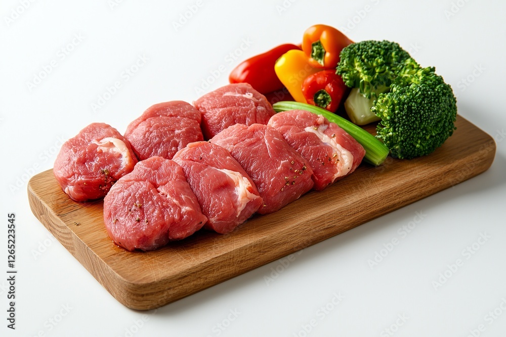Fresh cuts of beef displayed on a wooden board with colorful bell peppers and broccoli, highlighting healthy meal preparation. Fresh cuts of beef displayed on a wooden board with colorful bell peppers and broccoli, highlighting healthy meal preparation.