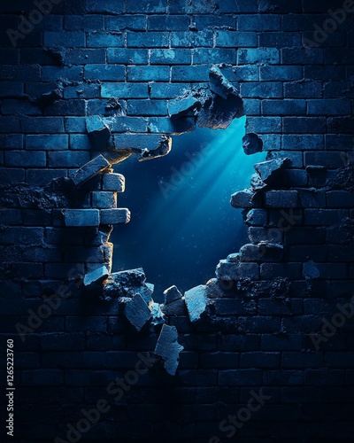 A broken brick wall with an opening in the center, representing breaking through environmental illusions and physical obstacles. The background is dark blue to create contrast