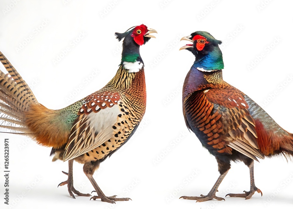Fototapeta premium Two Colorful Pheasants Facing Opposite Directions Isolated on white Background