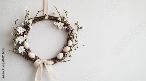 Easter wreath decorated with flowers and eggs on a wall