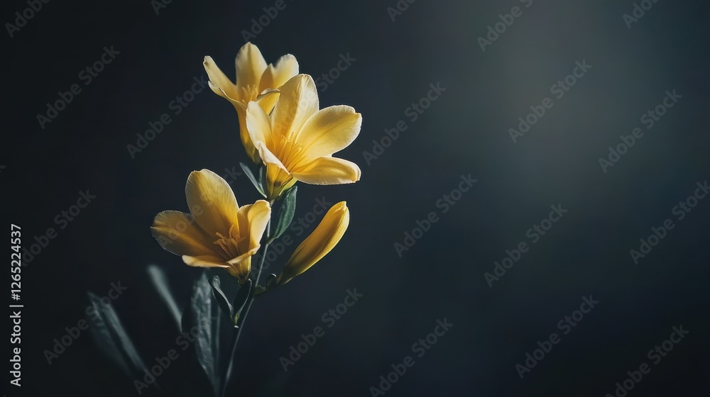Obraz premium A selective focus shot of a beautiful yellow freesia flower with blurred dark background