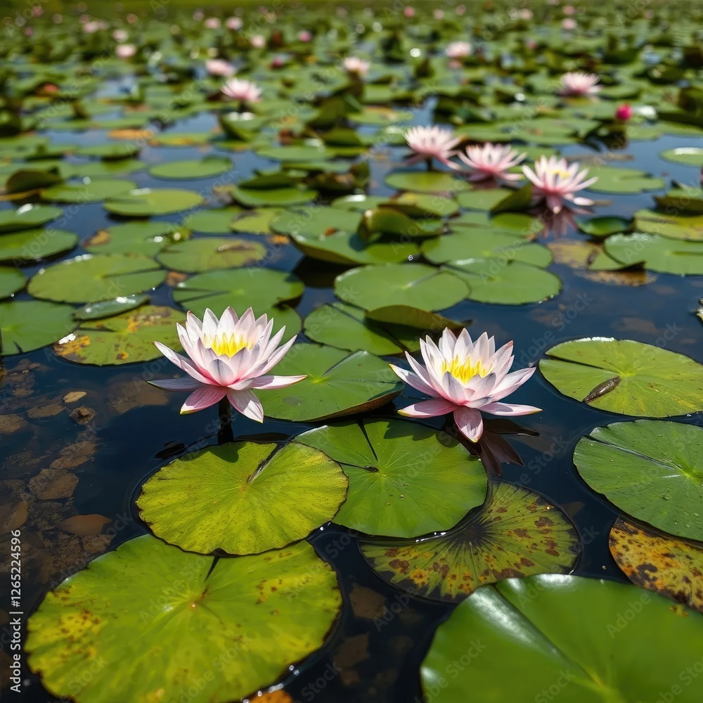 Water lilies blooming on Klyazma river surface, waterlilies, river Water lilies blooming on Klyazma river surface, waterlilies, river