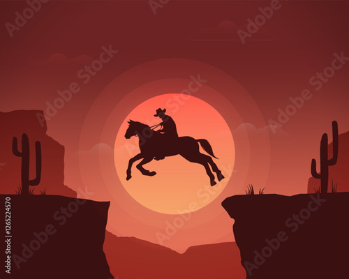 Silhouette of a cowboy riding a horse jumping through a canyon in the afternoon, with a sunset in the background