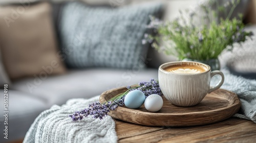 Cozy spring morning with coffee and easter eggs on a wooden tray photo