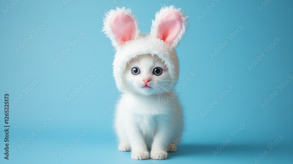 Fototapeta premium Cute white kitten wearing bunny ears on a blue background