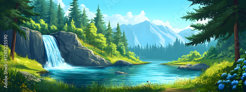 Beautiful nature landscape with a blue lake and green forest, with picturesque waterfalls
