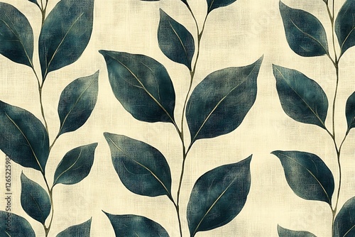 Elegant botanical pattern featuring lush green leaves on a textured cream background
