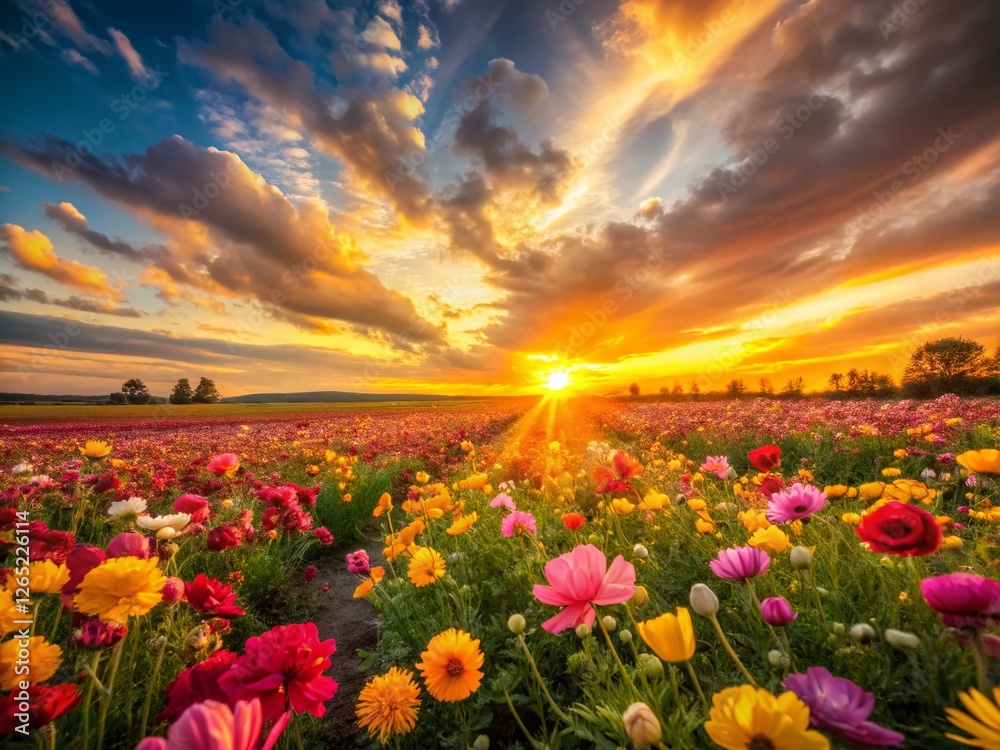 Obraz premium Vibrant Flower Field at Sunset - Long Exposure Photography