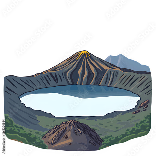 Wallpaper Mural Volcanic crater lake with a peak showing a small yellow magma glow at its summit. Torontodigital.ca