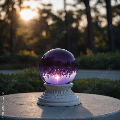 A luminous violet crystal ball floating above a white pedestal.
