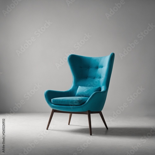 A sleek, vivid cyan chair with a modern design against an empty white space.