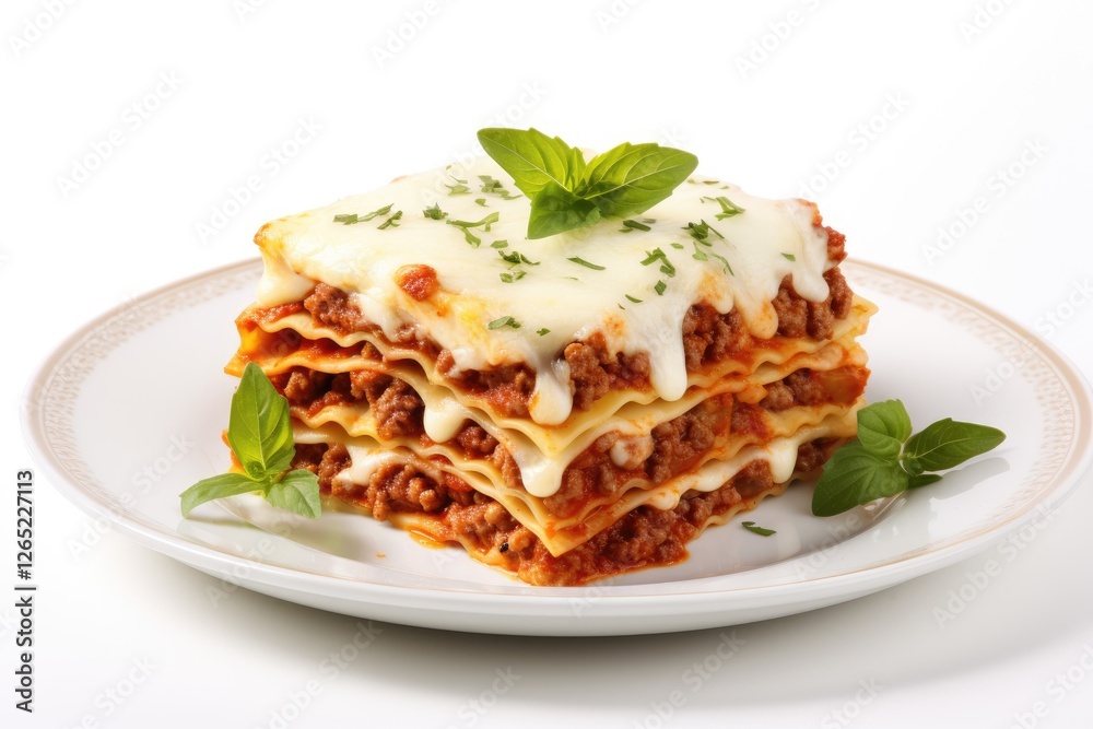 Tasty Italian dish with lasagna mozzarella on white plate Tasty Italian dish with lasagna mozzarella on white plate