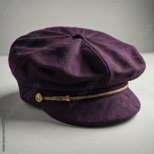 A deep purple beret resting lightly on a seamless white surface.