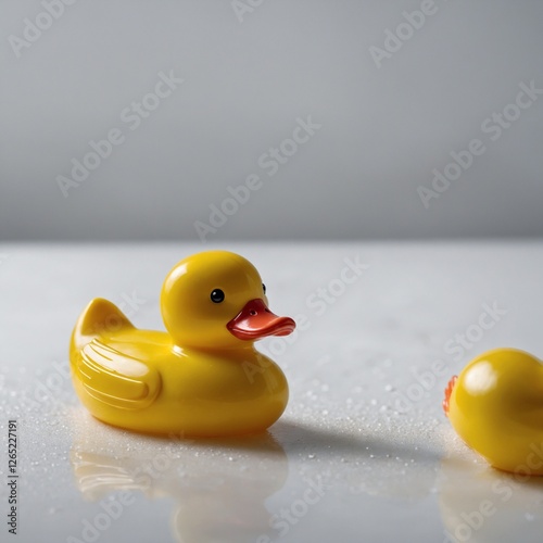 A glossy, electric yellow rubber duck sitting on a pristine white surface.