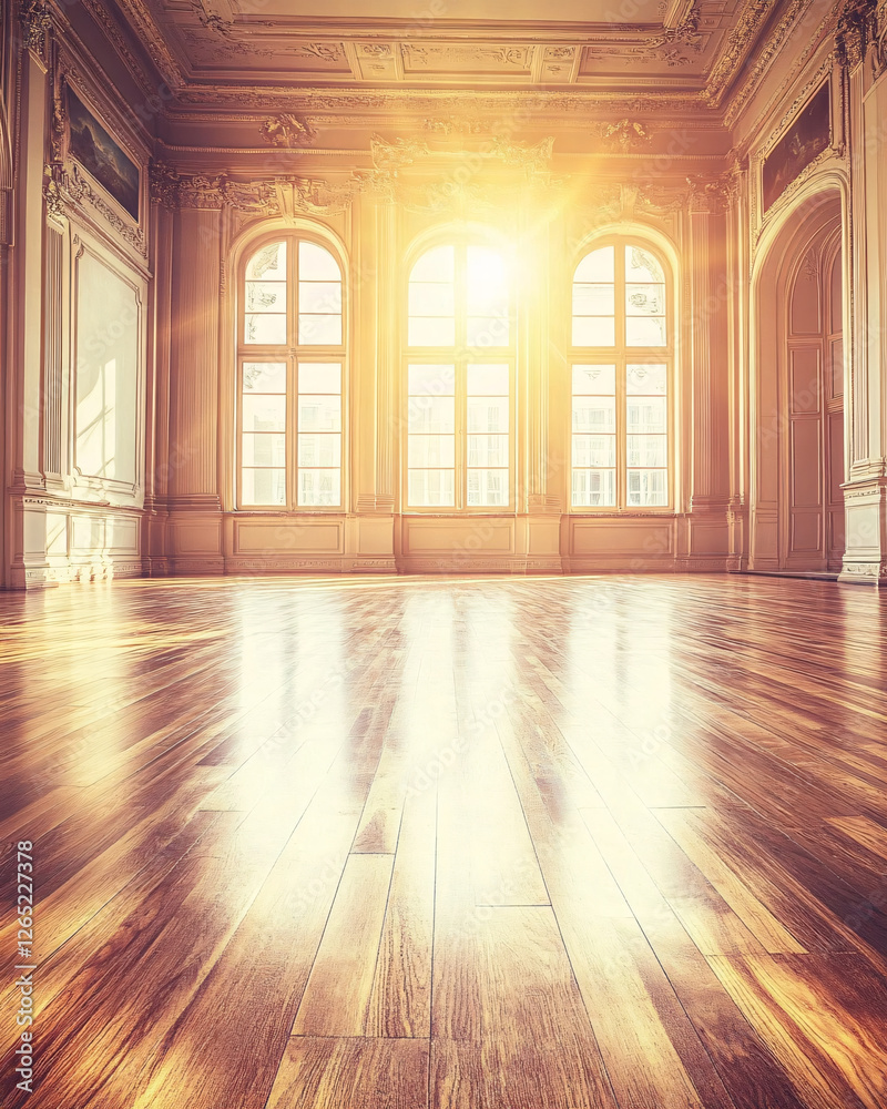 Fototapeta premium Sunlight floods a grand, empty hall with arched windows, illuminating the polished wooden floor.