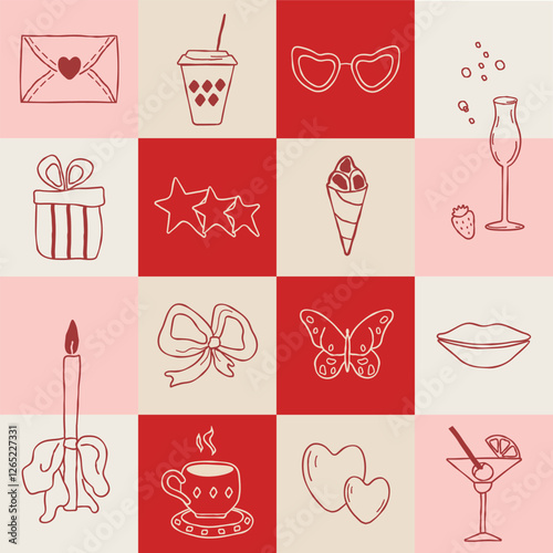 Abstract elements for parties in the doodle style. invitations, bright banner about summer, postcard, invitation, plant, cocktails in a minimalist style. modern, isolated icons: bow, cocktail, dessert