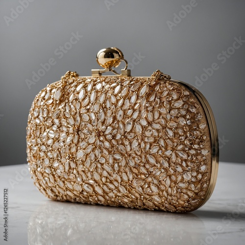 A rich, golden clutch purse placed elegantly on a white surface.