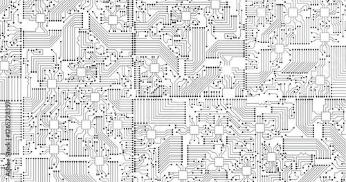 Technology black circuit diagram. High-tech circuit board connection system. Vector abstract technology on white background.