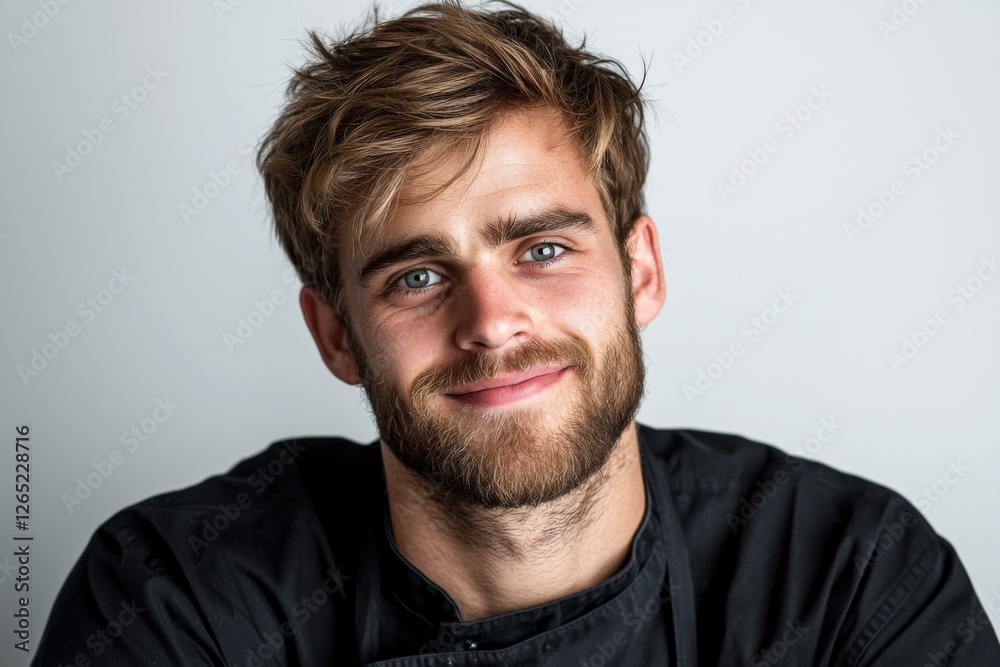 Young chef smiles confidently in a professional kitchen setting with stylish decor and warm lighting Young chef smiles confidently in a professional kitchen setting with stylish decor and warm lighting