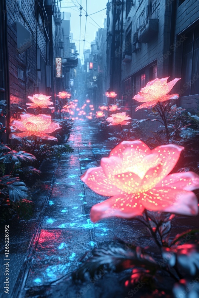Fototapeta premium Glowing flowers illuminate a rainy city alley.