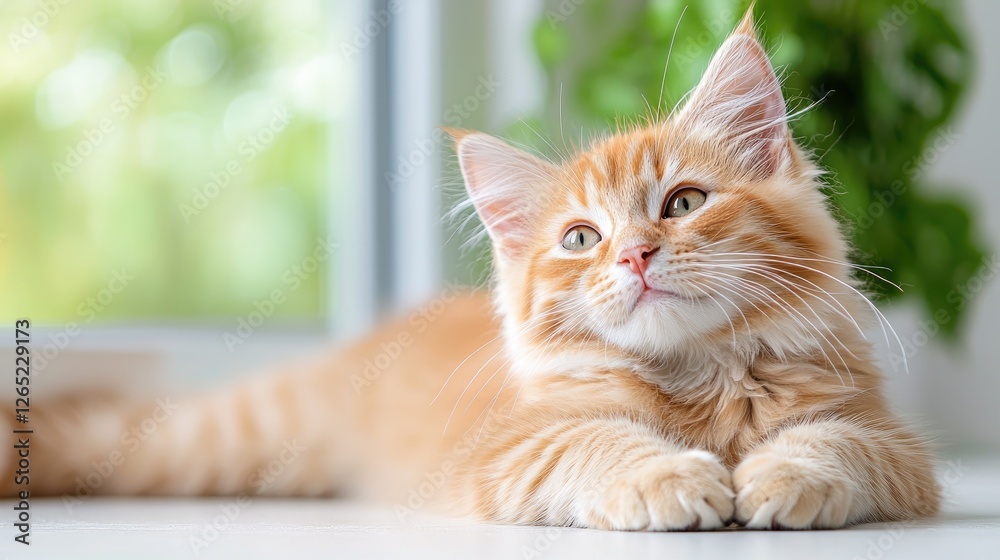 Obraz premium Cute ginger kitten relaxing by window, green background
