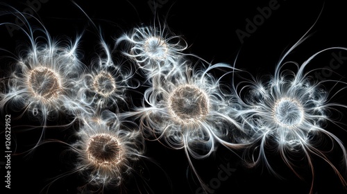 Abstract graphic design of interconnected, swirling entities against a dark background