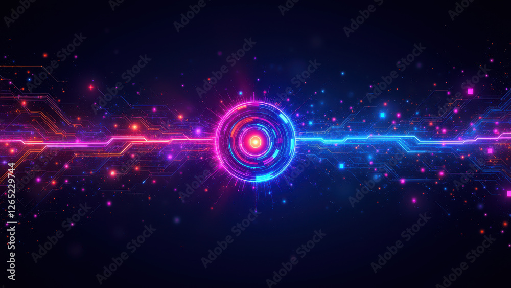 Fototapeta premium Stunning digital art showcasing a futuristic ci/cd pipeline with vibrant colors, abstract forms, and elements of technology like gears and lightning.