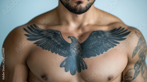 A rugged man's chest covered in a bold black-and-gray tattoo of an eagle spreading its wings, its detailed feathers standing out against his skin. photo