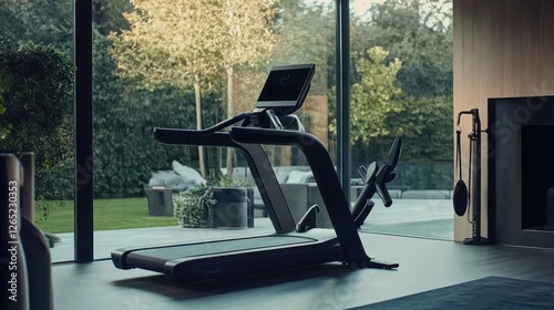Modern Treadmill in Luxury Home Gym with Garden View and Natural Light