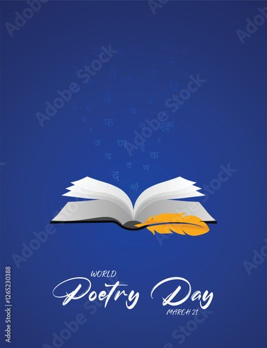 World Poetry Day March 21 book with Feather vector poster