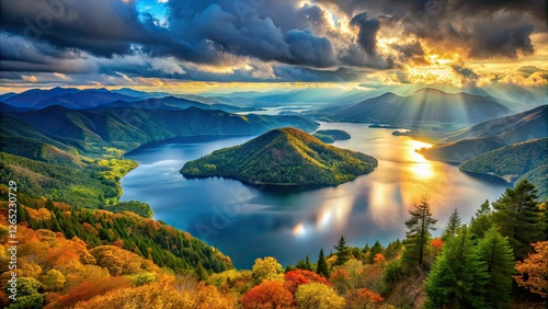 Stunning Lake Onami View from Karakuni-dake, Ebino Kogen, Japan - AI Photo photo