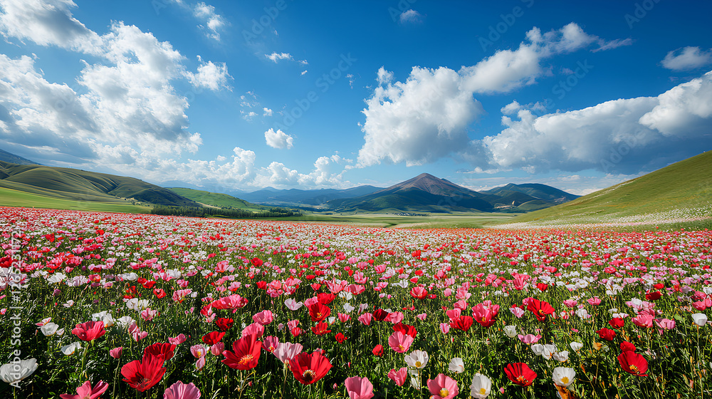 Vast Field of Blooming Peonies with Mountain Background Vast Field of Blooming Peonies with Mountain Background