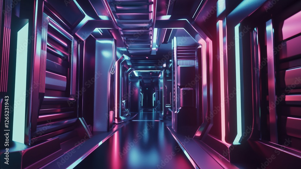 3d, background, abstract Futuristic neon tunnel with geometric shapes and reflective metal surfaces 3d, background, abstract Futuristic neon tunnel with geometric shapes and reflective metal surfaces