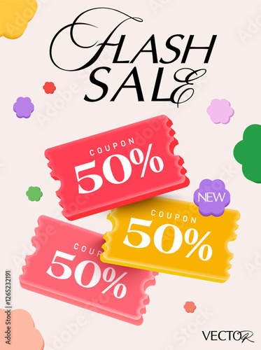 Set of 3d special coupons in different color with coupon code, percent price off, isolated on white background. Flash sale discount voucher poster for promotion campaign. 3d flash sale coupon vector