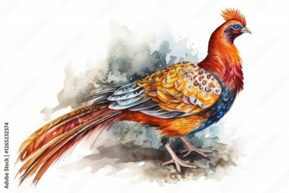Fototapeta premium a vibrant and exotic pheasant with rich, iridescent plumage. The bird is rendered in warm tones, with its chest and head painted in rich shades of red and orange,