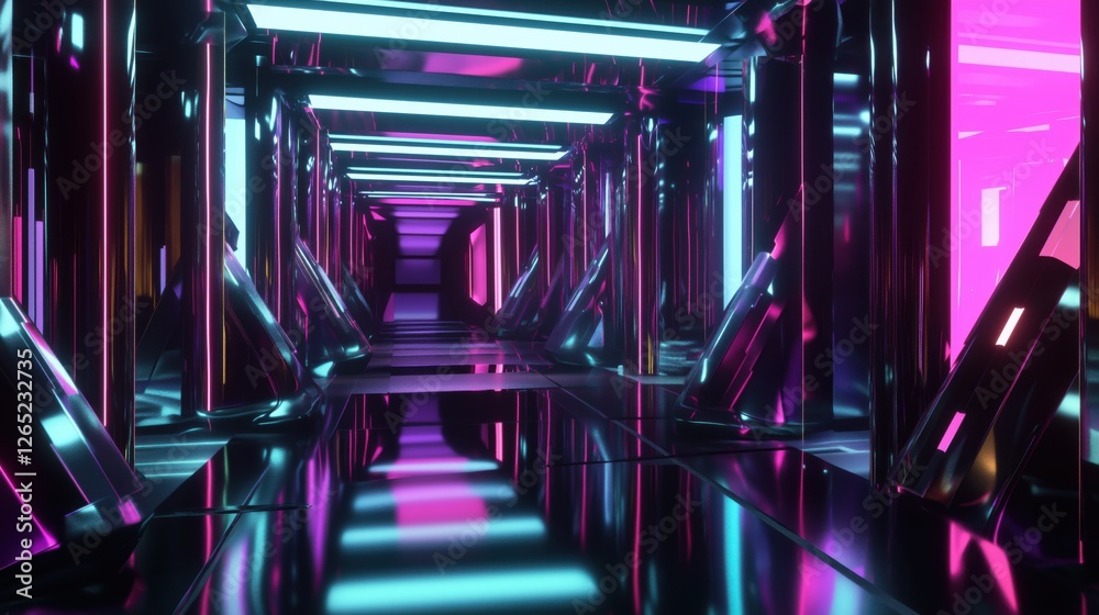 3d, background, abstract Futuristic neon tunnel with geometric shapes and reflective metal surfaces 3d, background, abstract Futuristic neon tunnel with geometric shapes and reflective metal surfaces