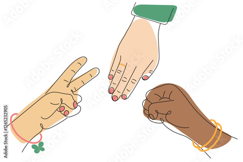 Hand game rock paper scissors. Vector illustration in color thin line style.
