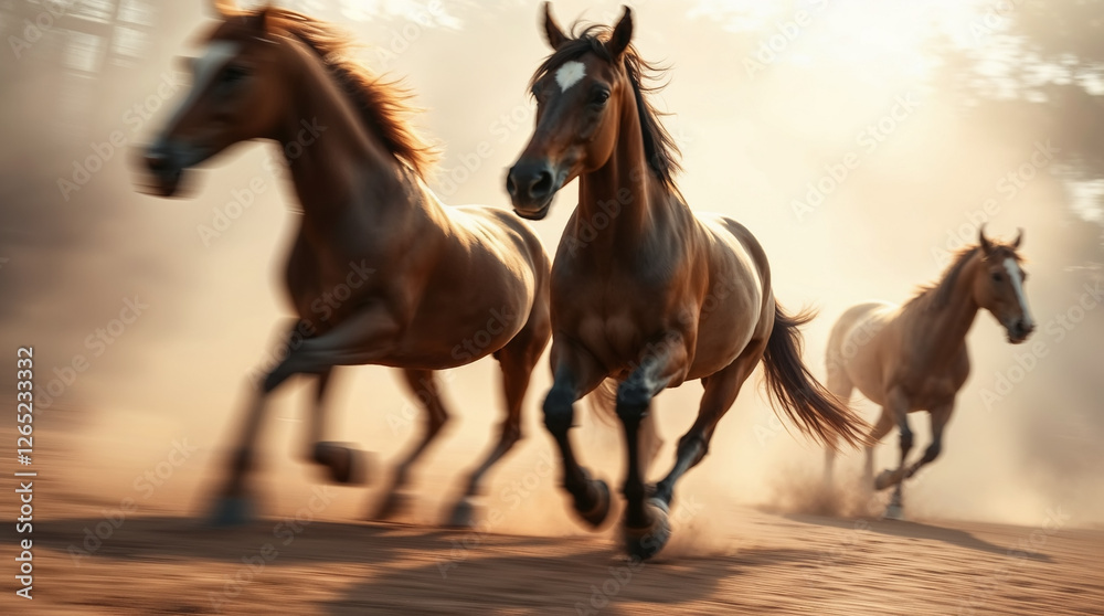 Fototapeta premium Three wild brown horses running fast with motion blur effect. Cool horse wallpaper