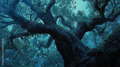 Majestic twisted tree branches reaching into a mysterious misty forest with deep shadows and ethereal light shining through leaves photo