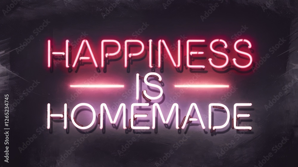 Brightly lit neon sign promoting the idea that happiness is created at home through love and cherished moments Brightly lit neon sign promoting the idea that happiness is created at home through love and cherished moments