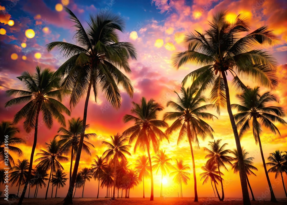 Obraz premium Sunny Tropical Beach Silhouette Palm Trees Vacation Background