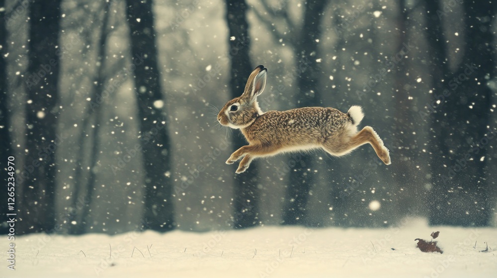 Obraz premium A winter scene featuring a rabbit leaping through falling snow in a forest