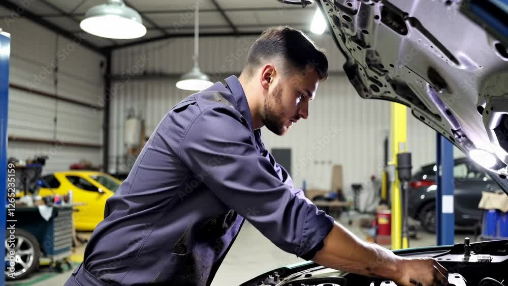 A man is working on a car engine A man is working on a car engine