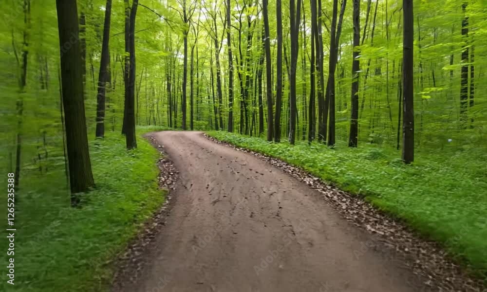 Serene forest path winding through lush green trees in a tranquil woodland setting Serene forest path winding through lush green trees in a tranquil woodland setting