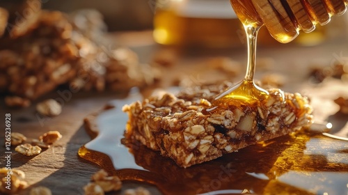 honey drizzled over freshly baked, crips, dark brown granola bars served on a rustic wooden table photo