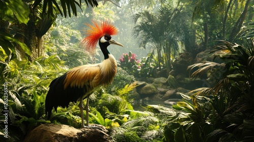 Majestic Crane in Lush Tropical Garden photo