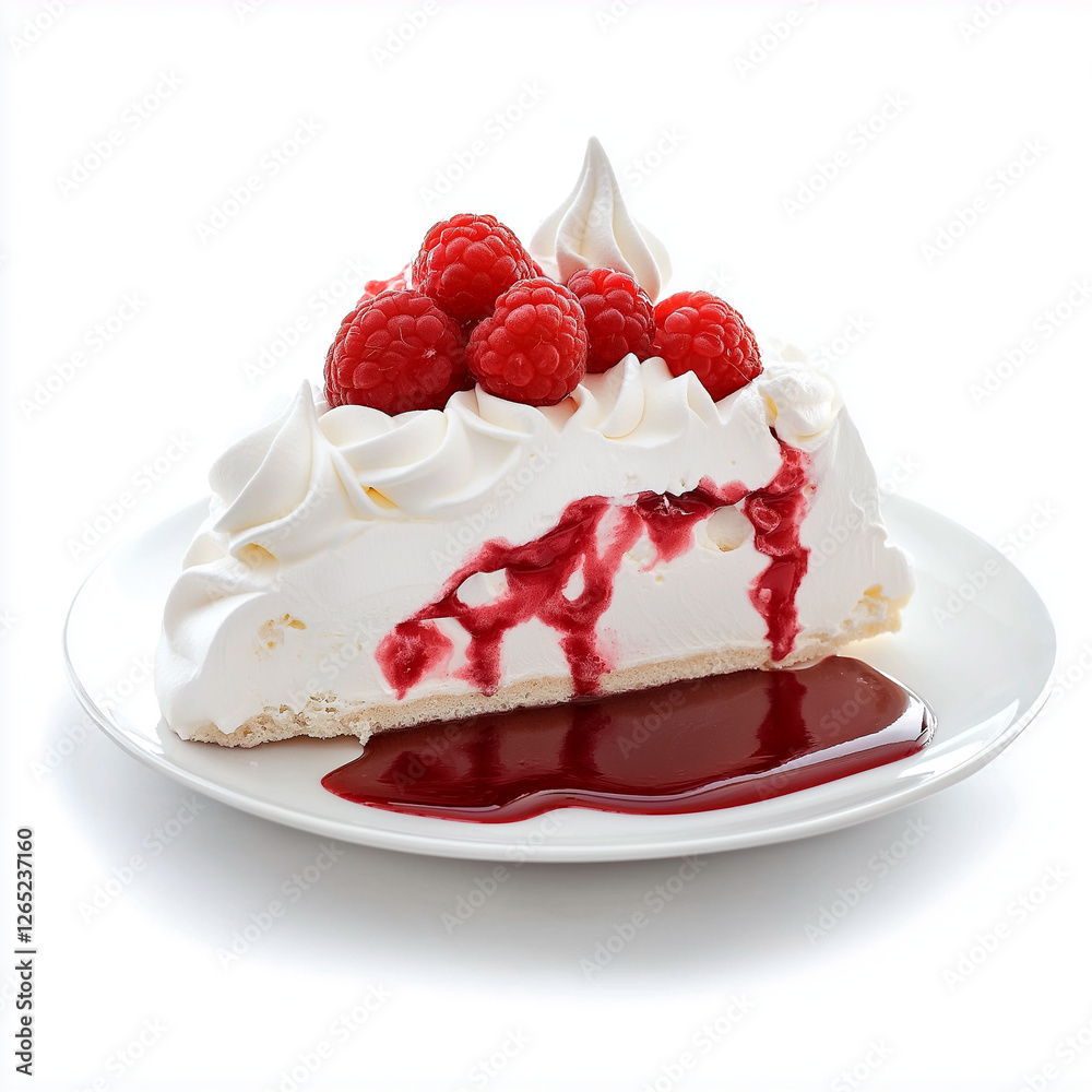 Crisp yet delicate meringue layered with smooth whipped cream, vibrant raspberry coulis, juicy raspberries. Light and luxurious dessert perfect for any special occasion. Crisp yet delicate meringue layered with smooth whipped cream, vibrant raspberry coulis, juicy raspberries. Light and luxurious dessert perfect for any special occasion.